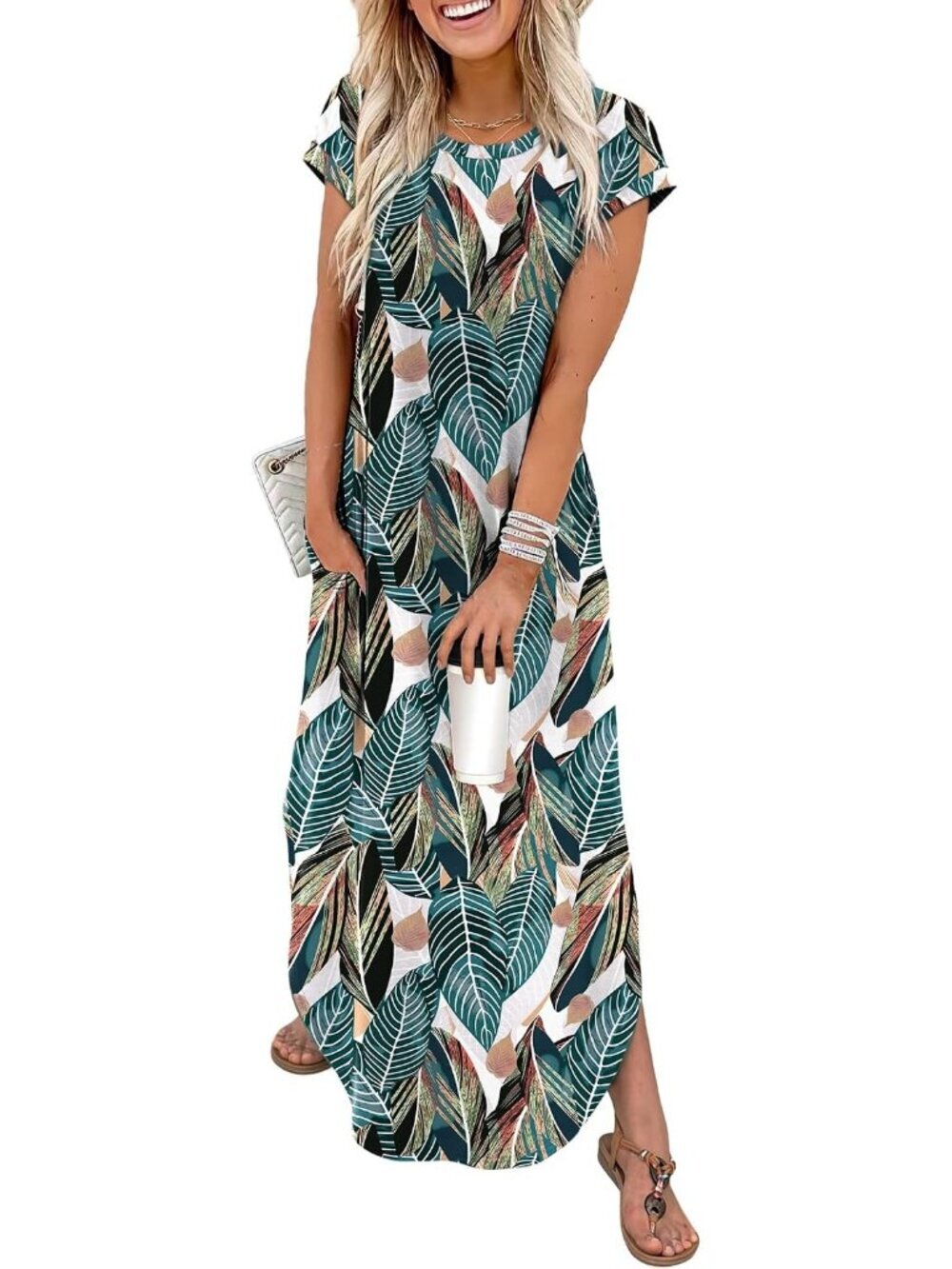 Women Palm Leaf Floral Cap Sleeve Crewneck Pockets Beach Casual Long Maxi Dress